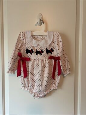 Source Unknown White Romper with Red Polka Dots and Black Scottie Appliqués